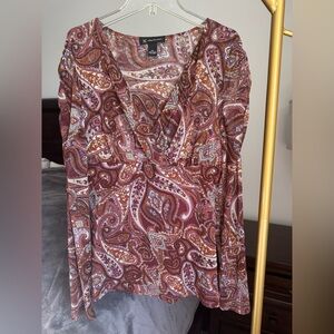 INC International Concepts Mesh Paisley Long Sleeve V-Neck Top - Size XL